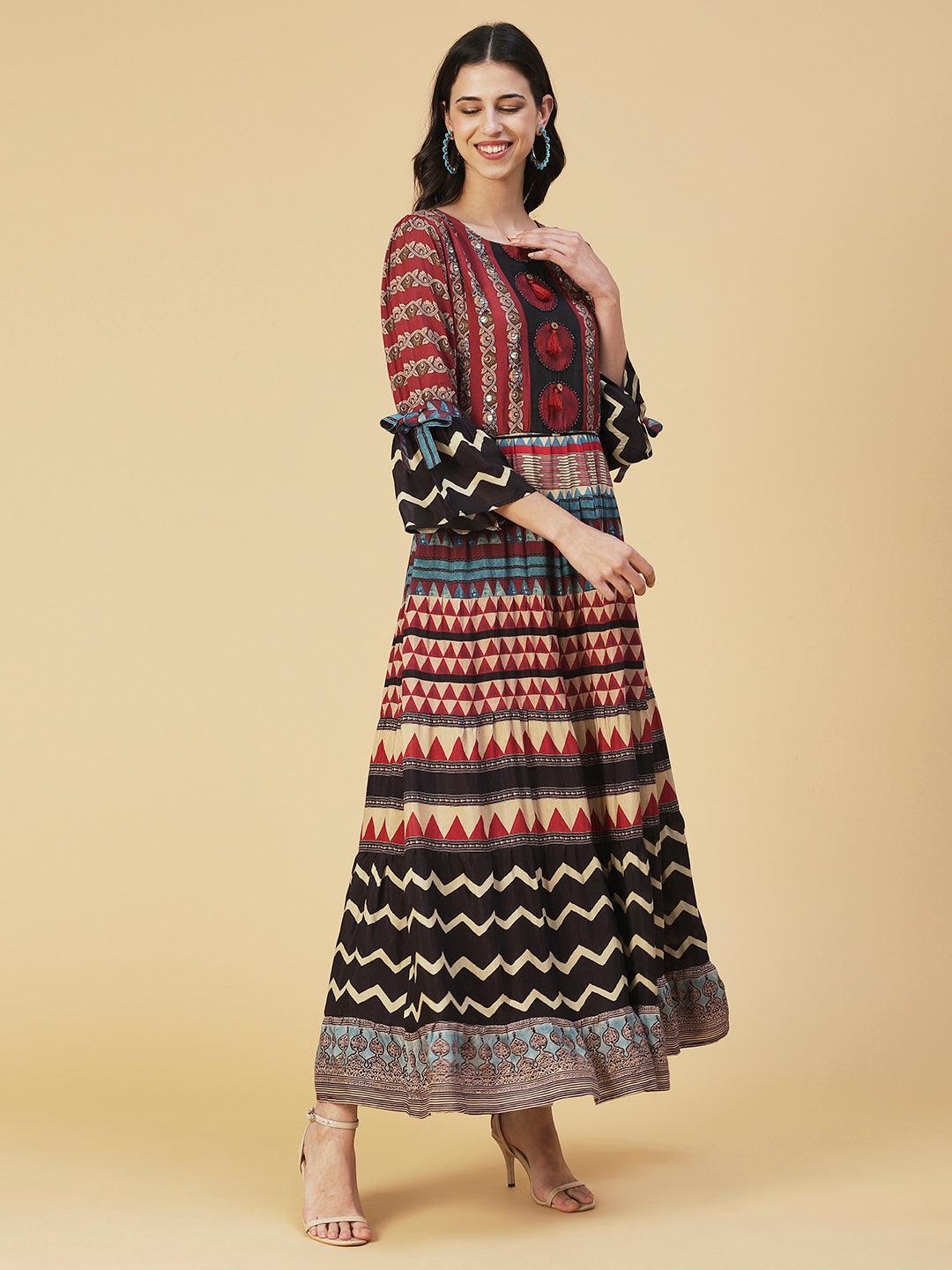 Ethnic Printed Sequined Dress With Belt - Rust - Indiakreations