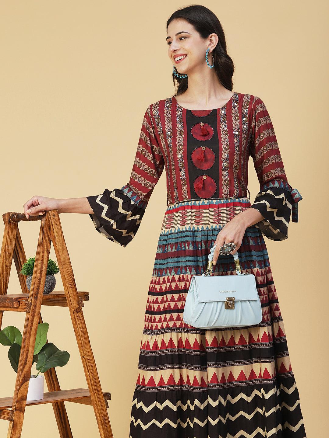 Ethnic Printed Sequined Dress With Belt - Rust - Indiakreations