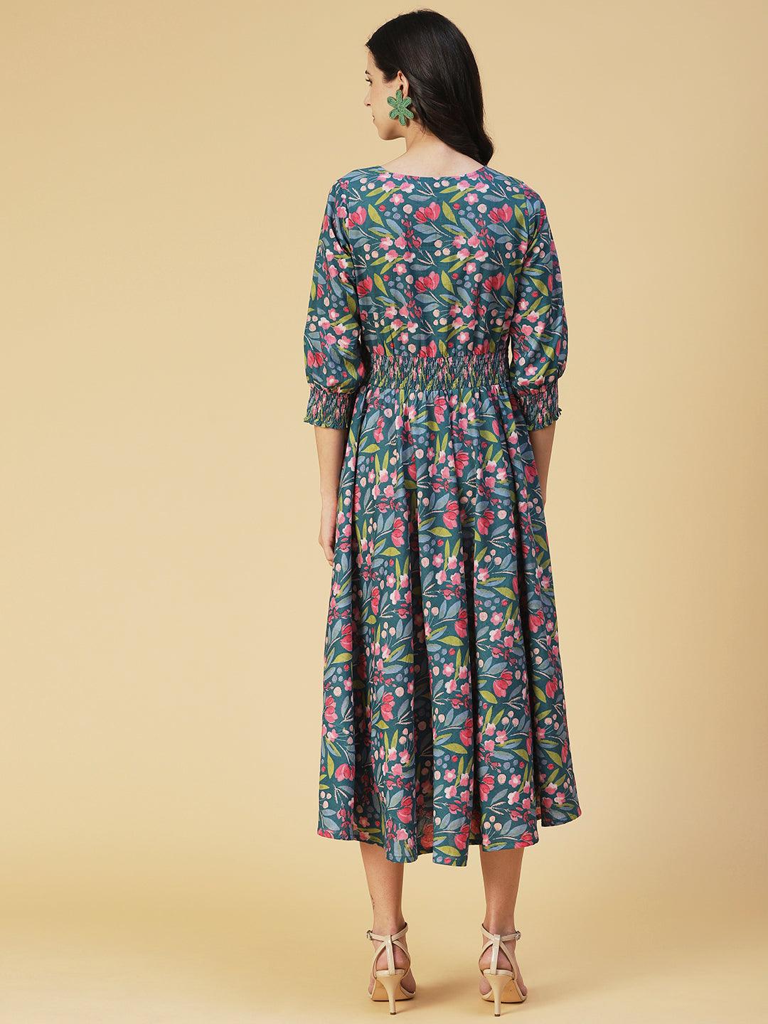 Floral Printed & Hand Embroidered A-Line Midi Dress - Teal Blue - Indiakreations