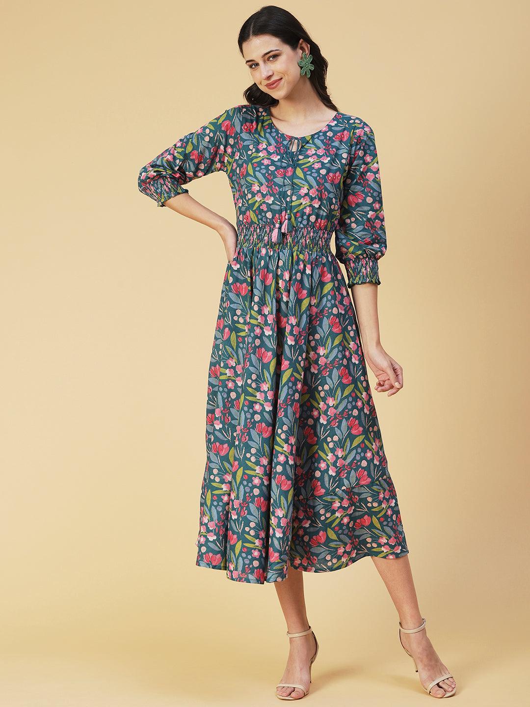 Floral Printed & Hand Embroidered A-Line Midi Dress - Teal Blue - Indiakreations