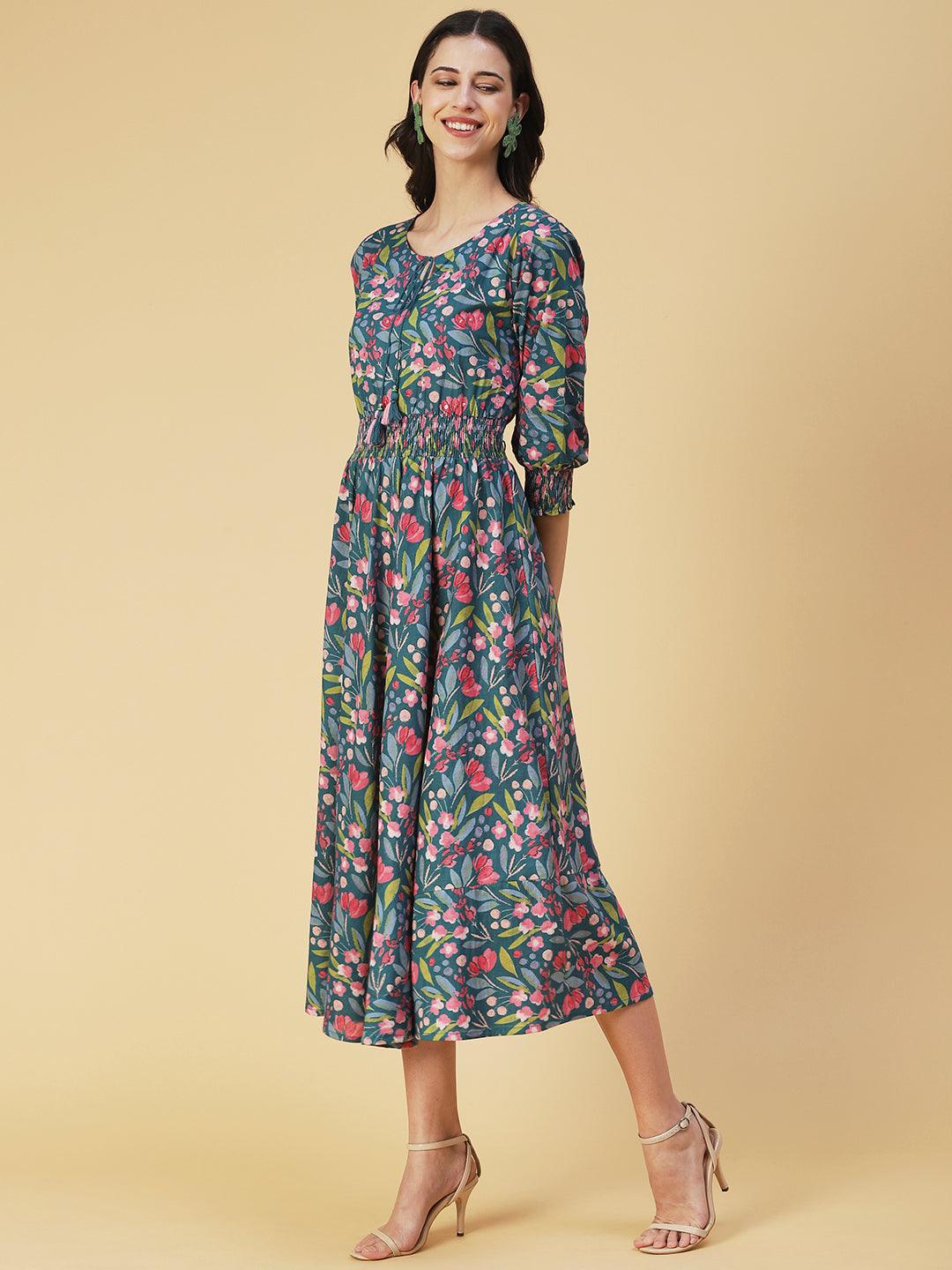 Floral Printed & Hand Embroidered A-Line Midi Dress - Teal Blue - Indiakreations