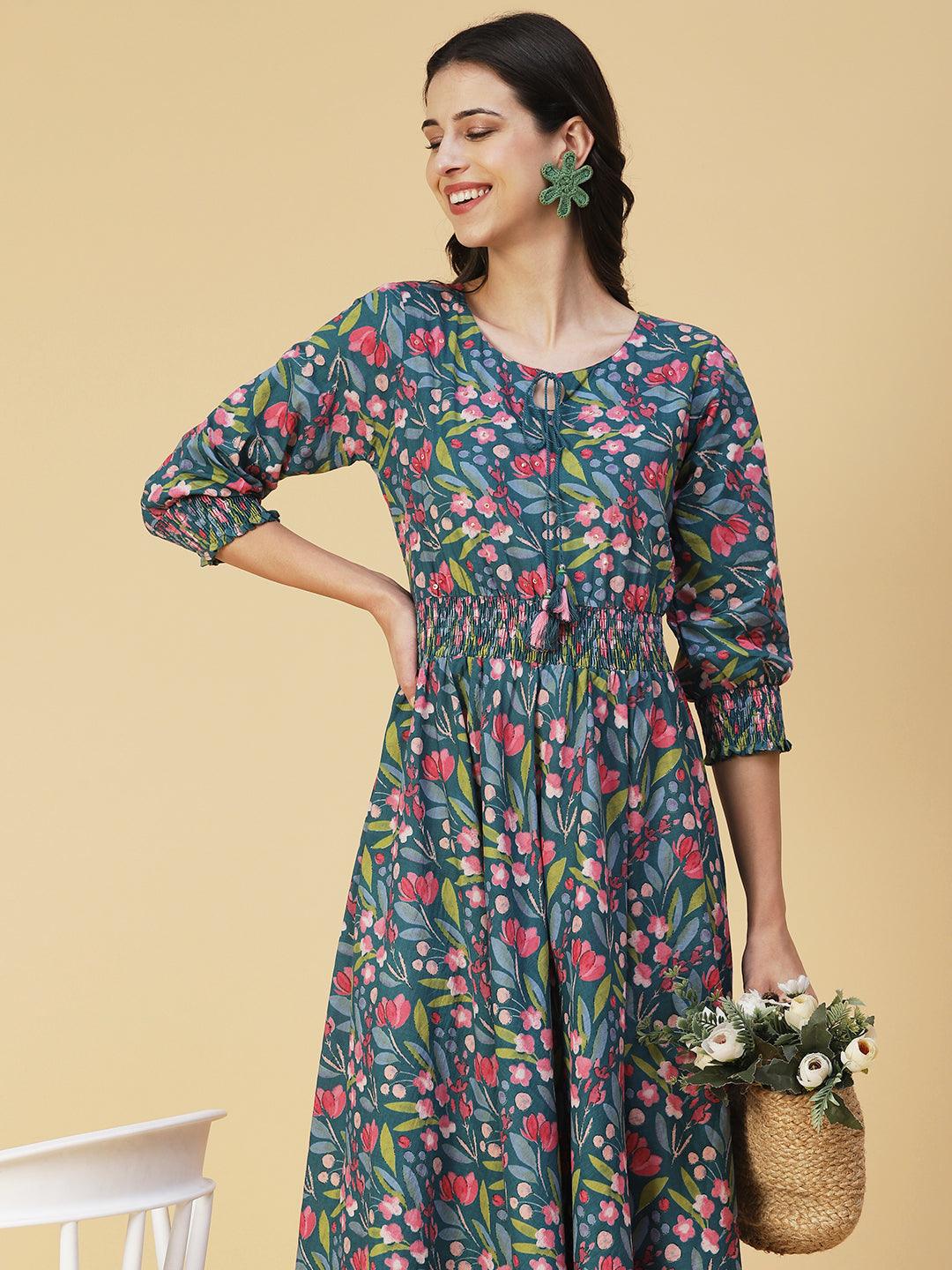 Floral Printed & Hand Embroidered A-Line Midi Dress - Teal Blue - Indiakreations