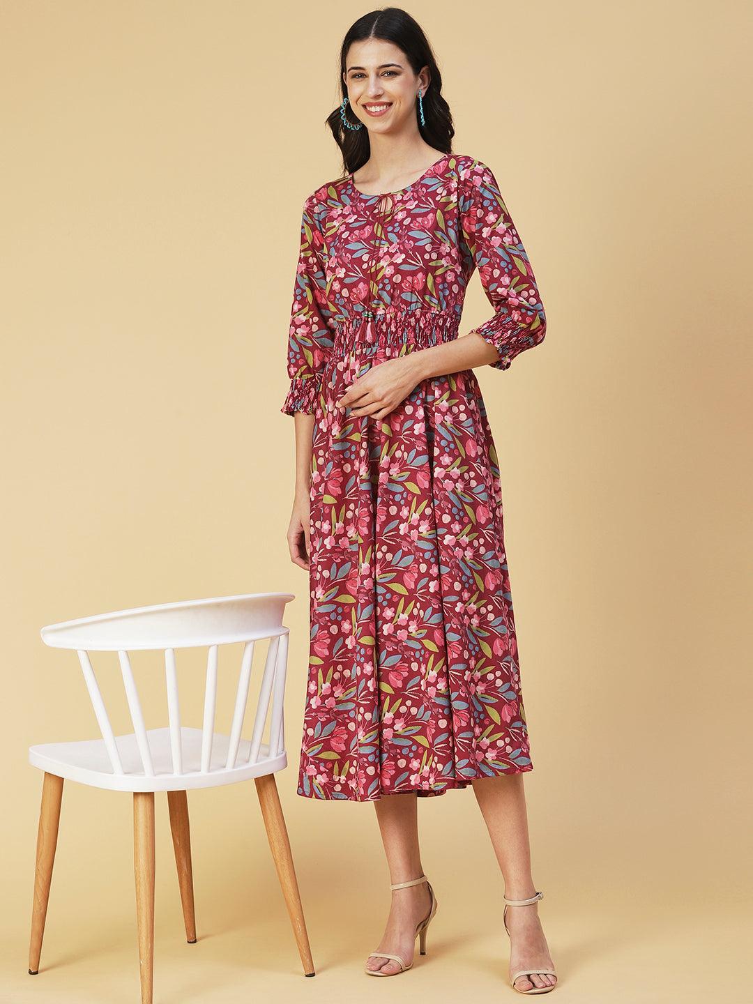 Floral Printed & Hand Embroidered A-Line Midi Dress - Mauve - Indiakreations