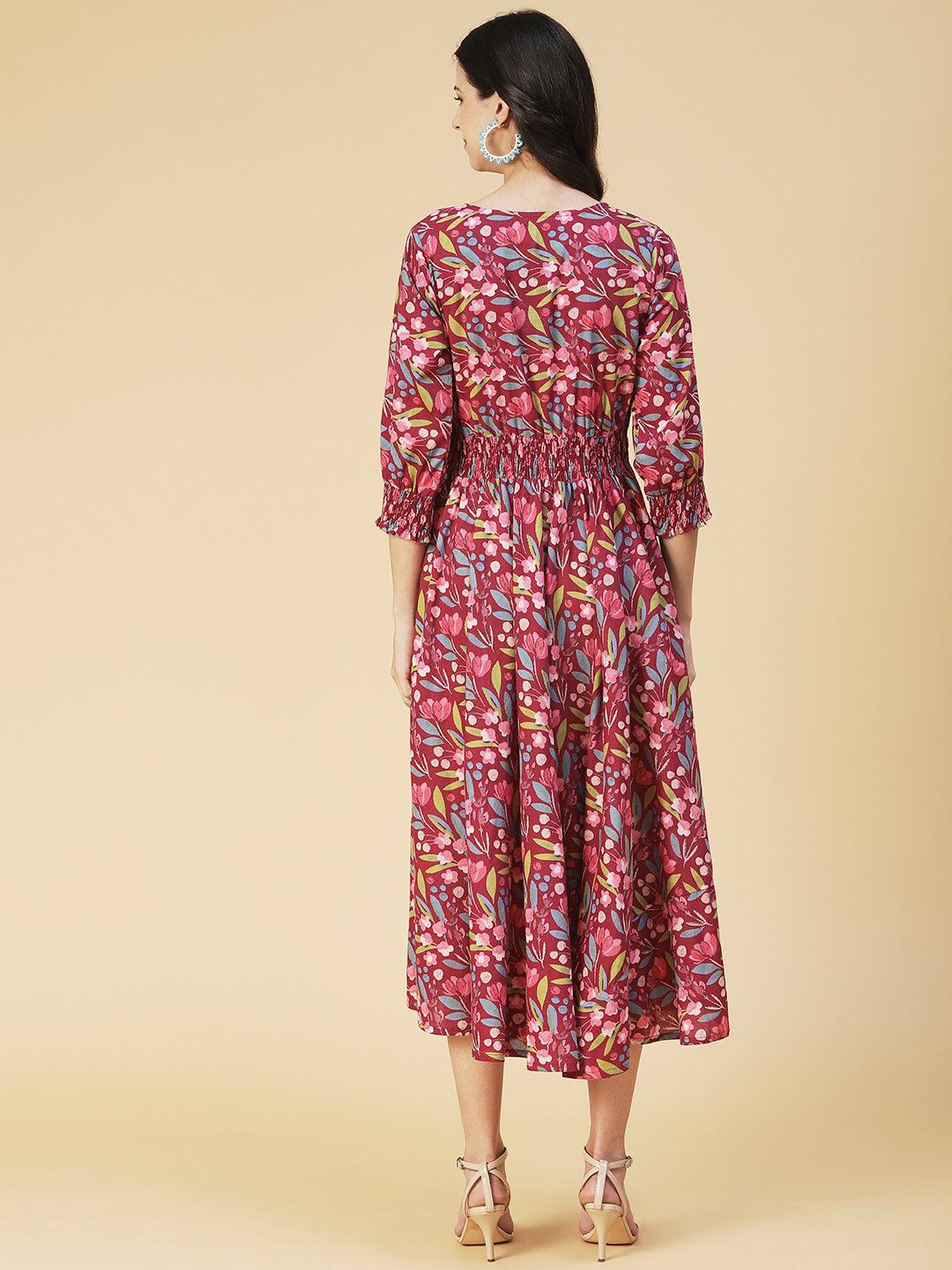 Floral Printed & Hand Embroidered A-Line Midi Dress - Mauve - Indiakreations