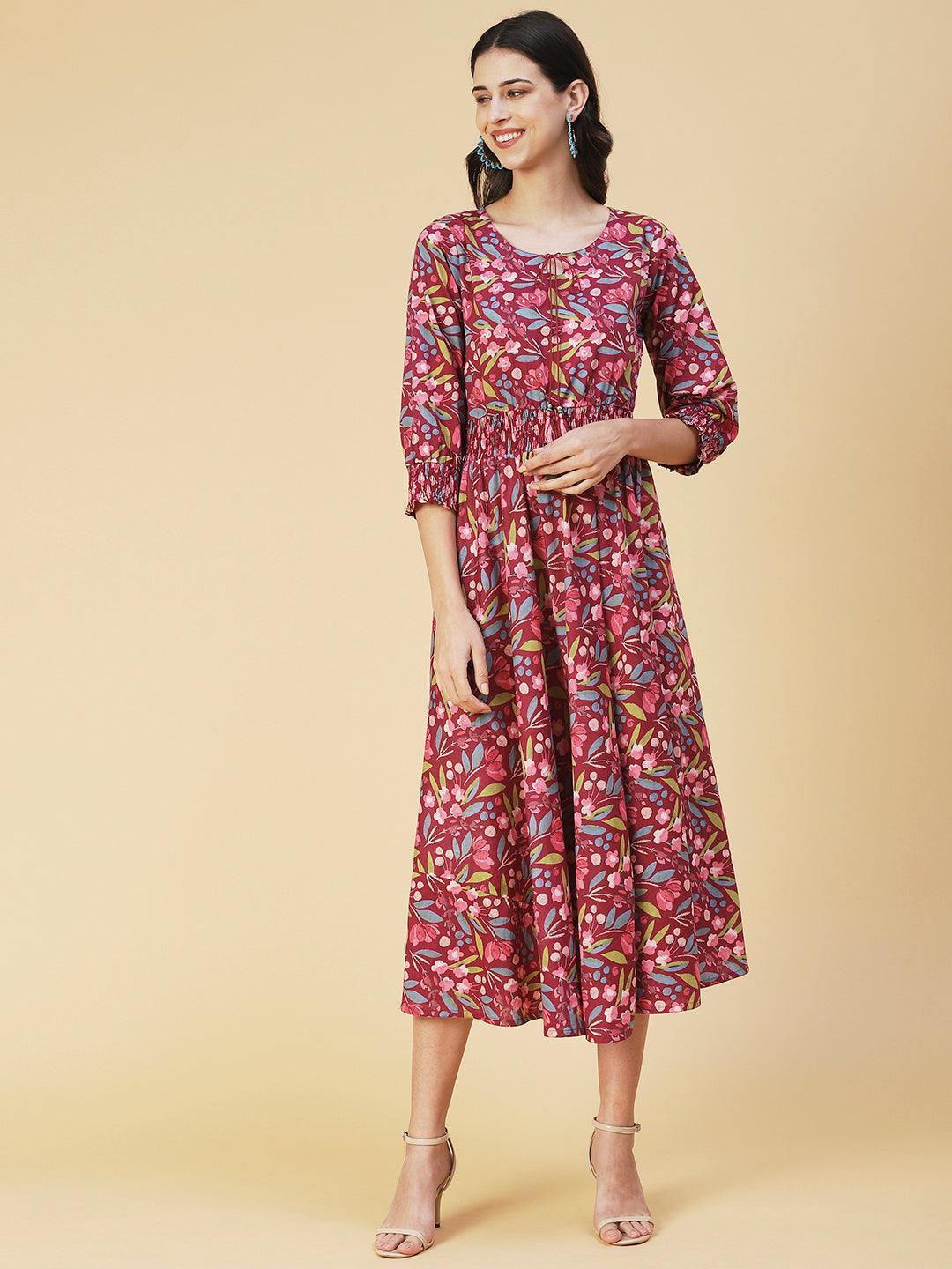 Floral Printed & Hand Embroidered A-Line Midi Dress - Mauve - Indiakreations