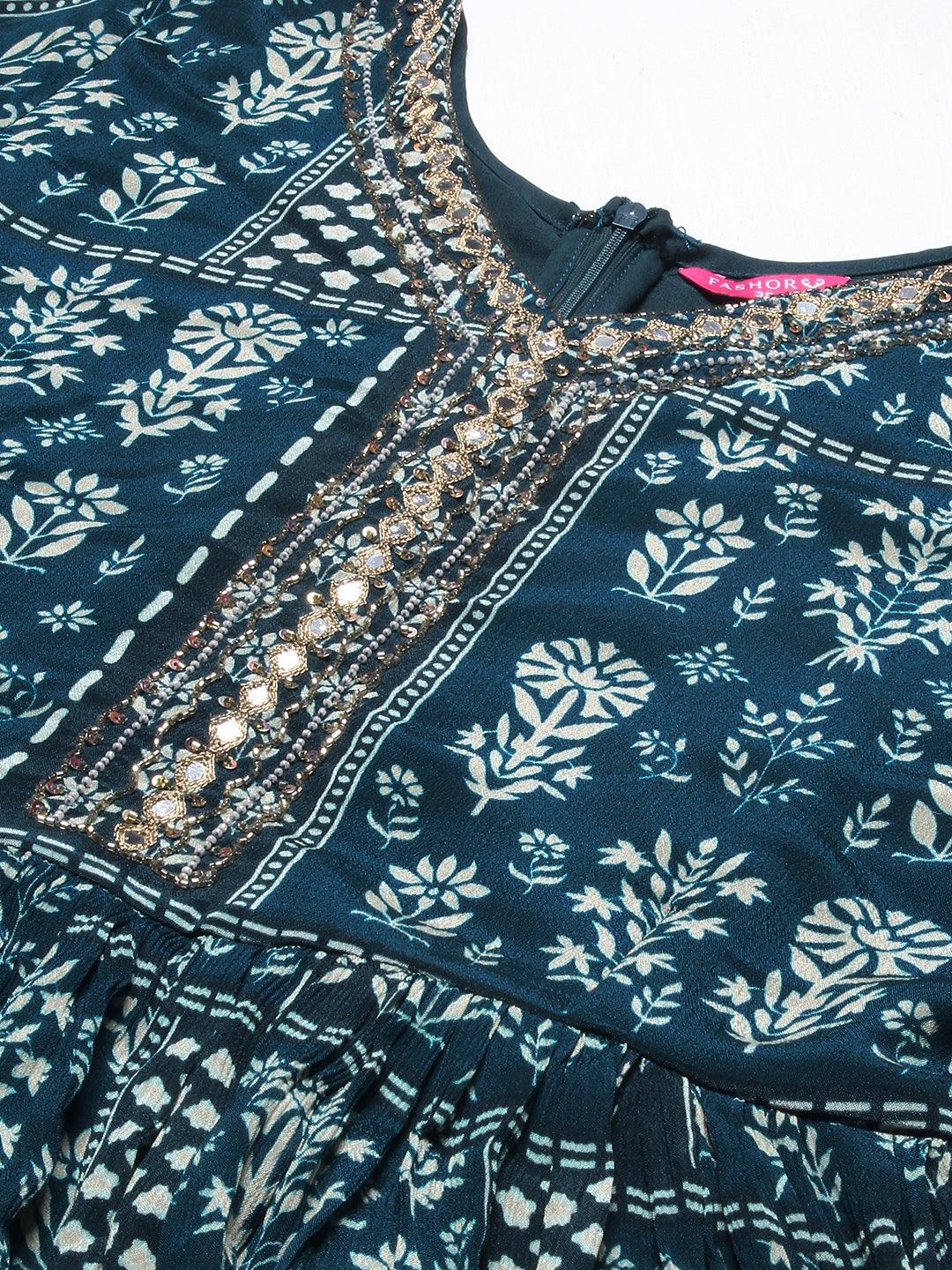 Floral Printed Mirror Embroidered Gathered Dress With Embroidered Belt - Blue - Indiakreations