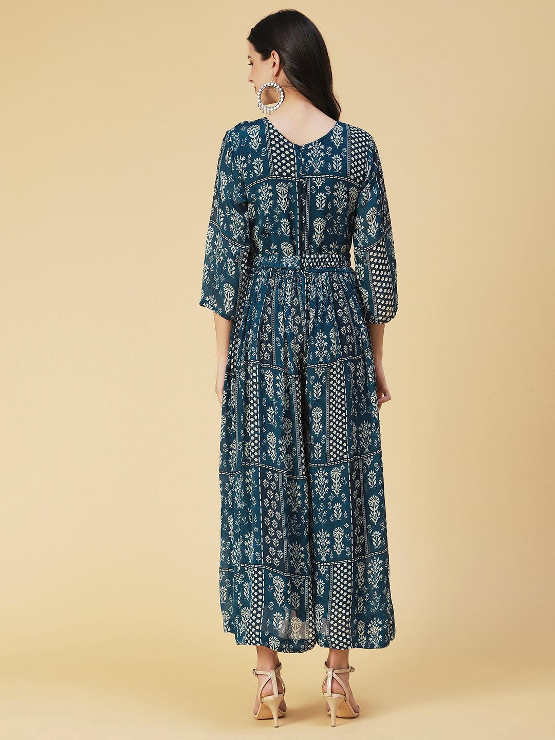 Floral Printed Mirror Embroidered Gathered Dress With Embroidered Belt - Blue - Indiakreations