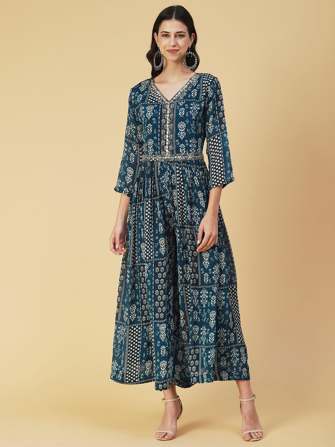 Floral Printed Mirror Embroidered Gathered Dress With Embroidered Belt - Blue - Indiakreations