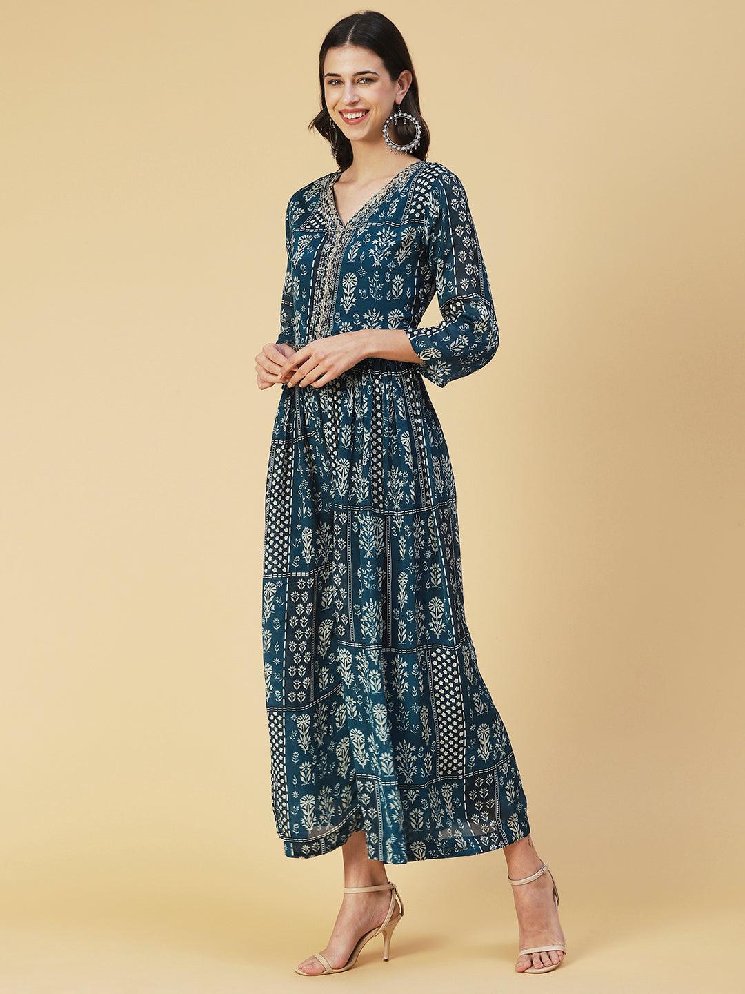 Floral Printed Mirror Embroidered Gathered Dress With Embroidered Belt - Blue - Indiakreations