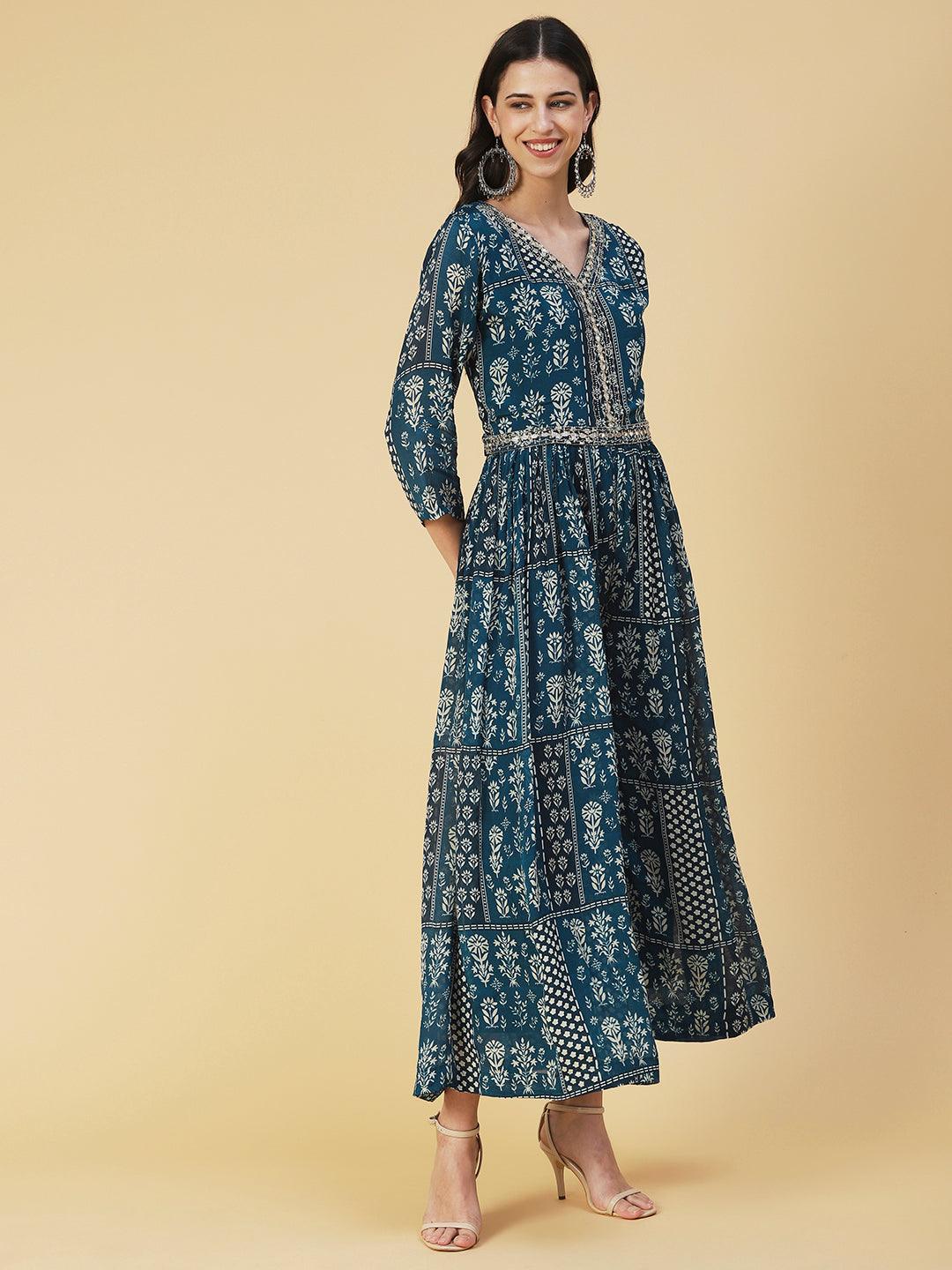 Floral Printed Mirror Embroidered Gathered Dress With Embroidered Belt - Blue - Indiakreations