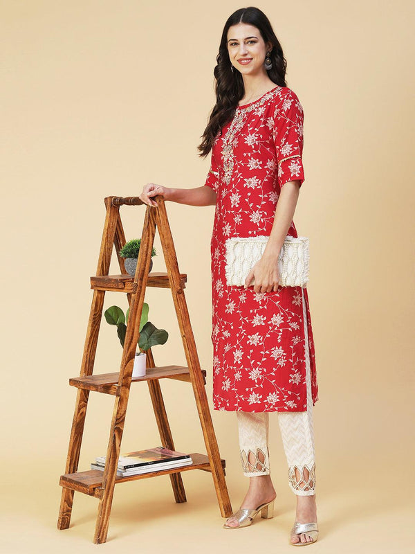 Floral Printed & Hand Embroidered Straight Fit Kurta - Red - Indiakreations