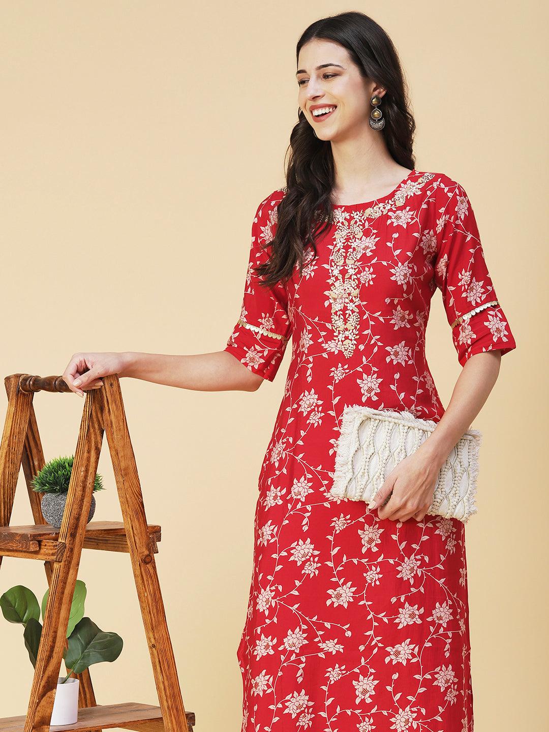 Floral Printed & Hand Embroidered Straight Fit Kurta - Red - Indiakreations