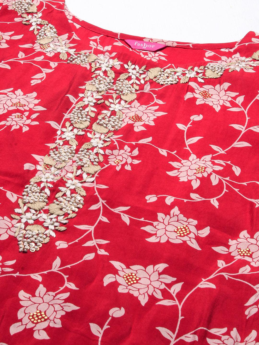 Floral Printed & Hand Embroidered Straight Fit Kurta - Red - Indiakreations