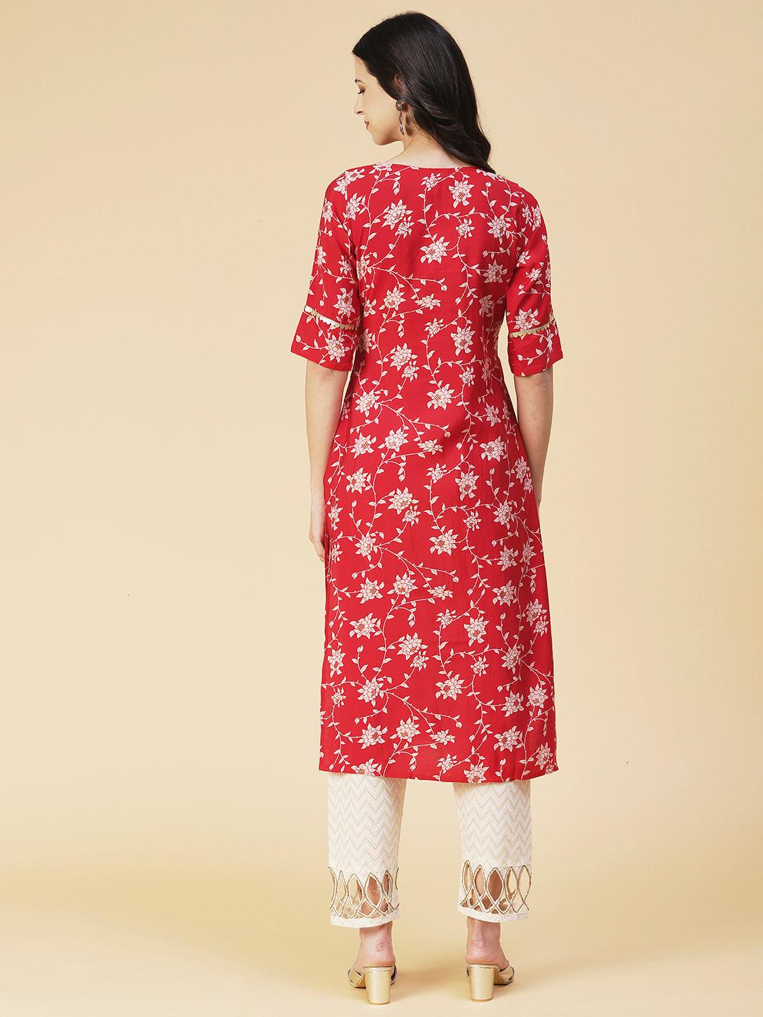 Floral Printed & Hand Embroidered Straight Fit Kurta - Red - Indiakreations