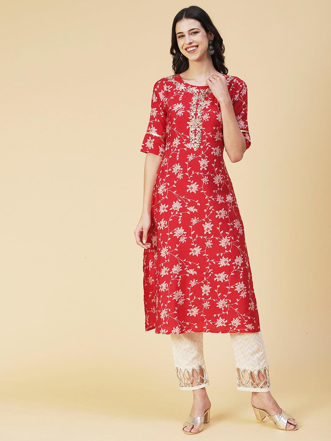 Floral Printed & Hand Embroidered Straight Fit Kurta - Red - Indiakreations