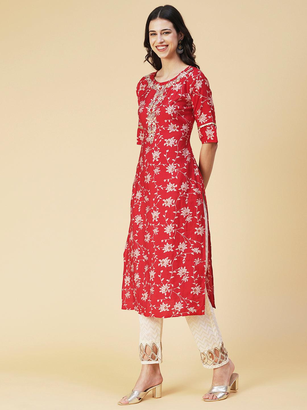 Floral Printed & Hand Embroidered Straight Fit Kurta - Red - Indiakreations