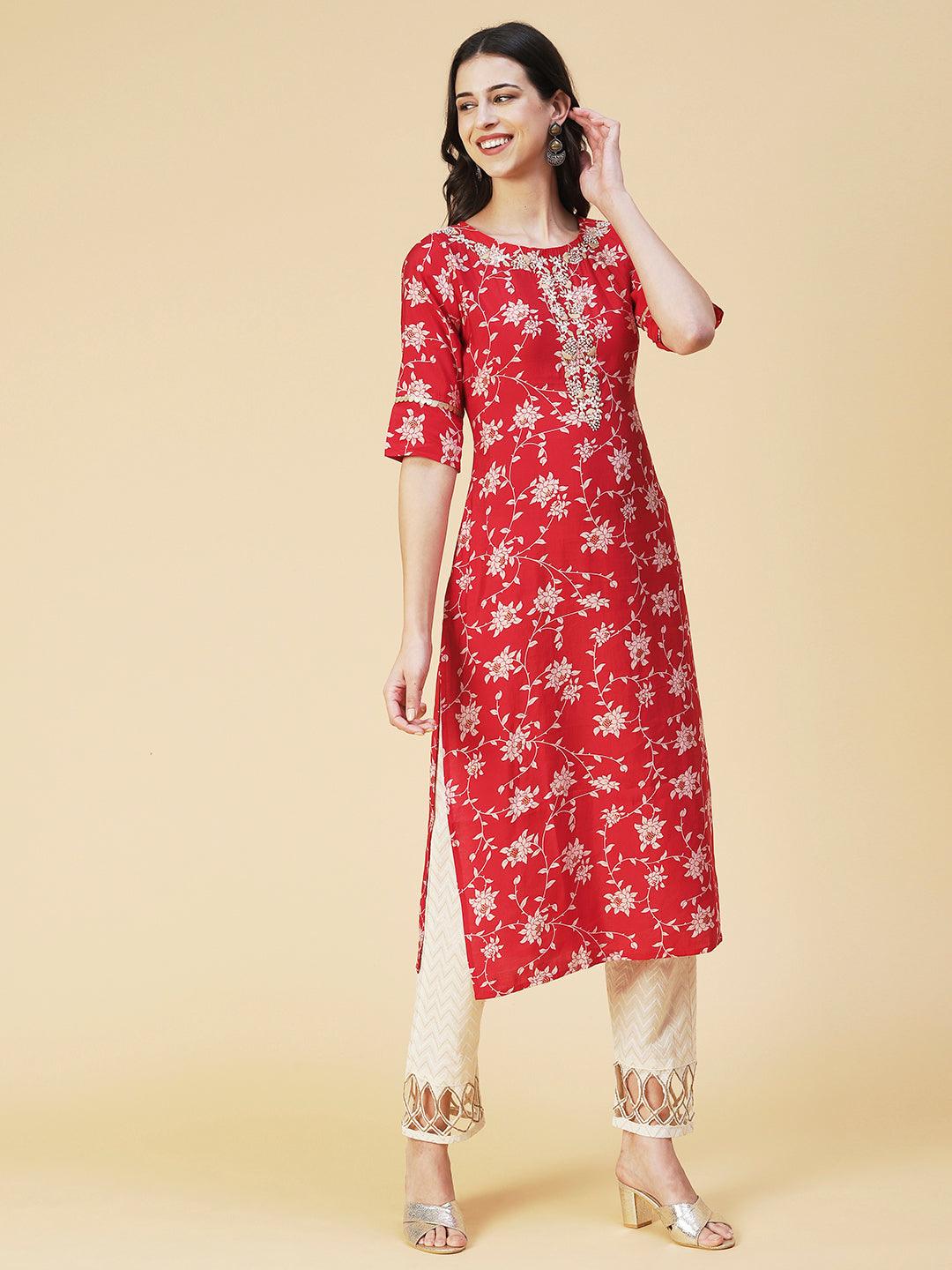 Floral Printed & Hand Embroidered Straight Fit Kurta - Red - Indiakreations