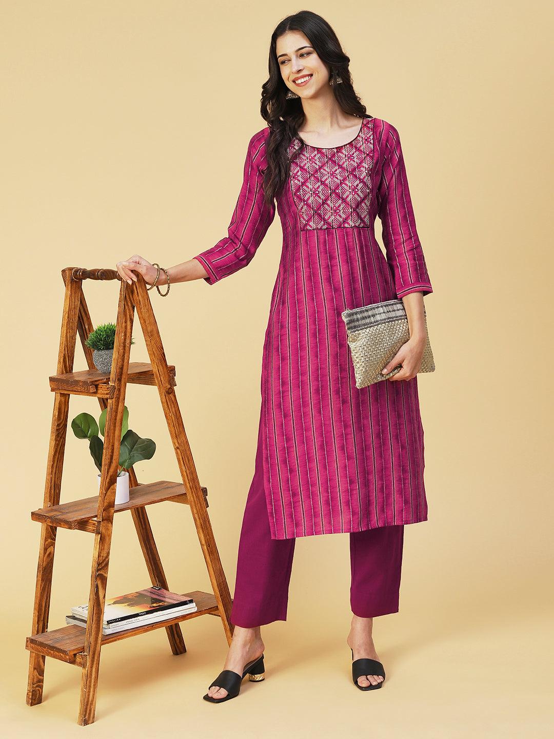 Textured & Stripes Printed Zari Embroidered Kurta - Magenta - Indiakreations