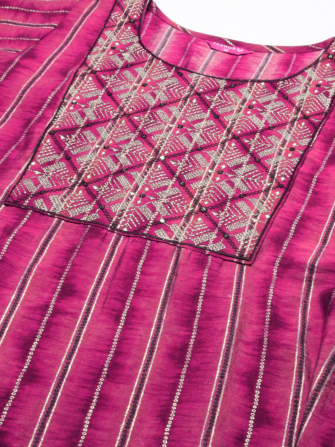 Textured & Stripes Printed Zari Embroidered Kurta - Magenta - Indiakreations