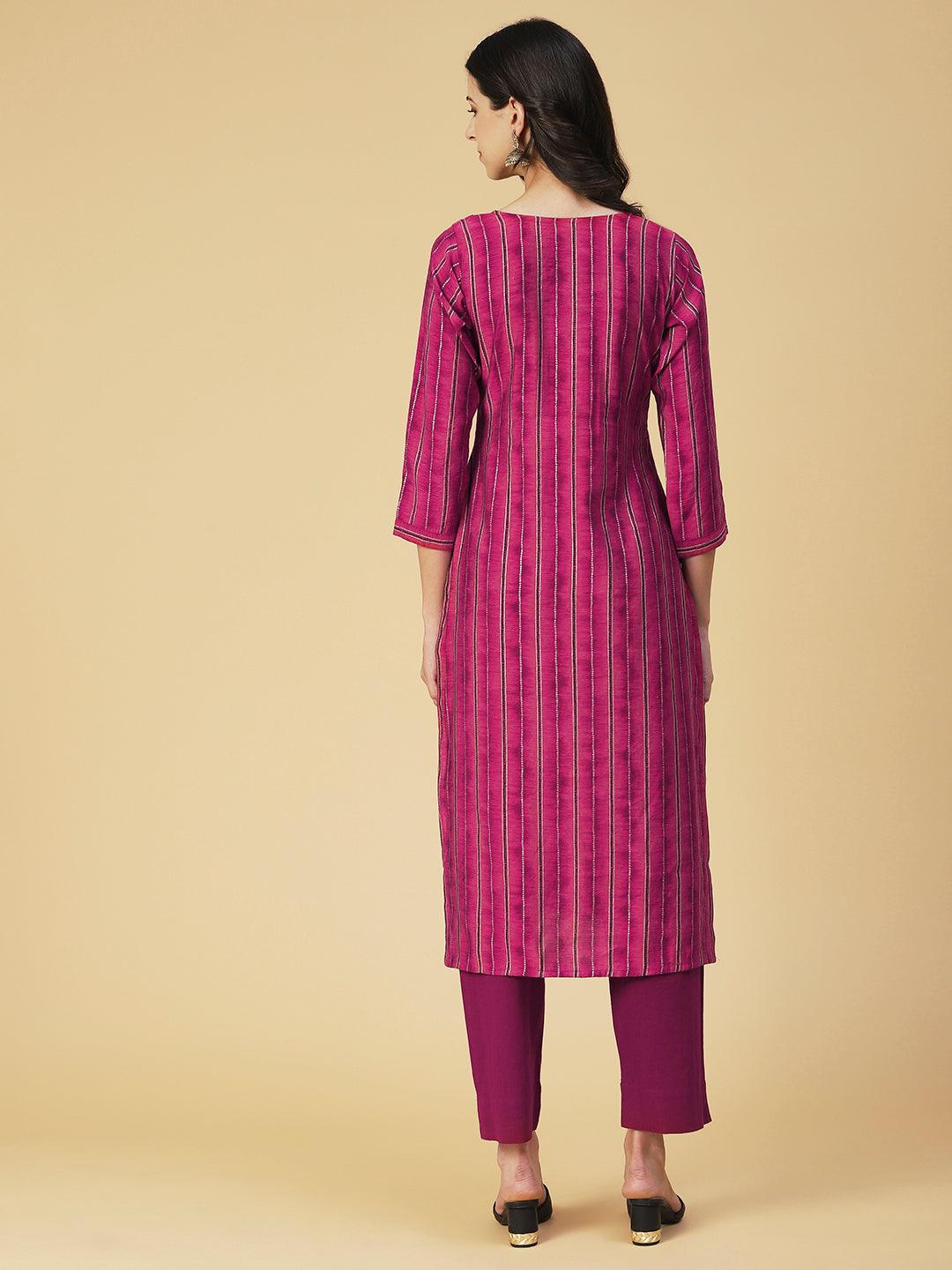 Textured & Stripes Printed Zari Embroidered Kurta - Magenta - Indiakreations