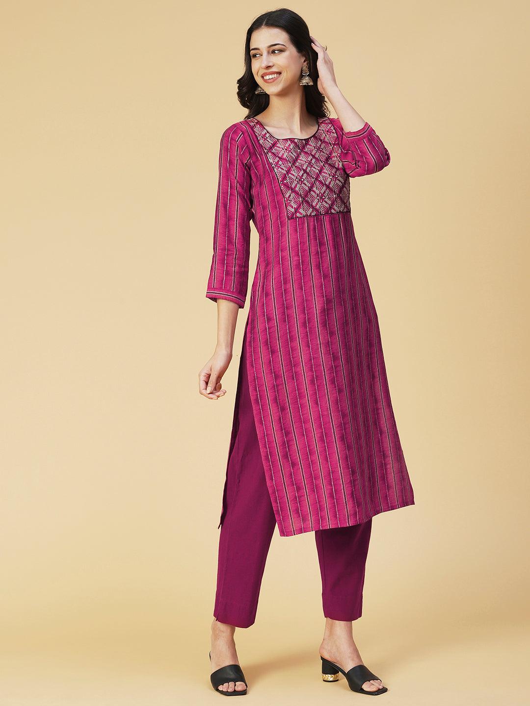 Textured & Stripes Printed Zari Embroidered Kurta - Magenta - Indiakreations