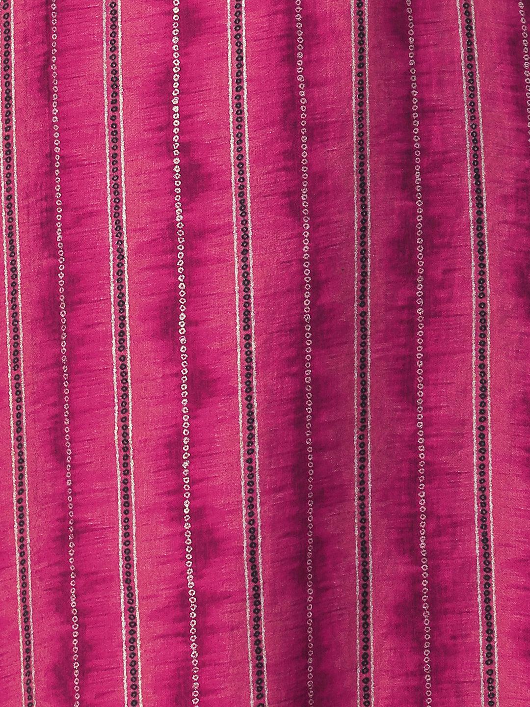 Textured & Stripes Printed Zari Embroidered Kurta - Magenta - Indiakreations