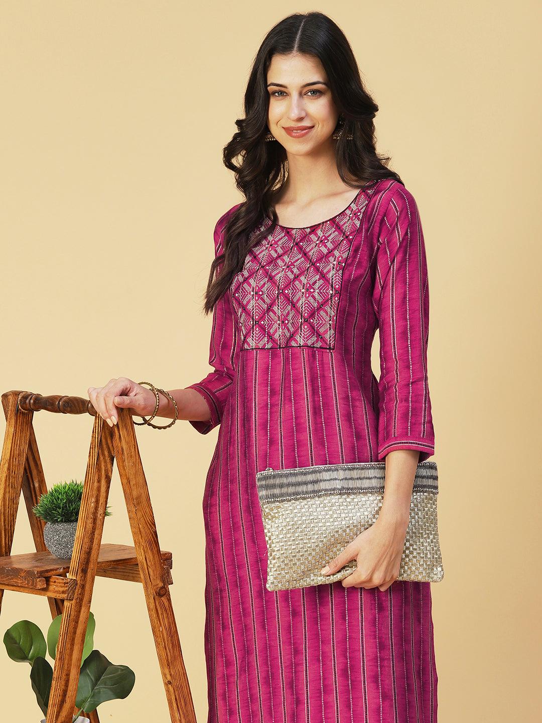 Textured & Stripes Printed Zari Embroidered Kurta - Magenta - Indiakreations