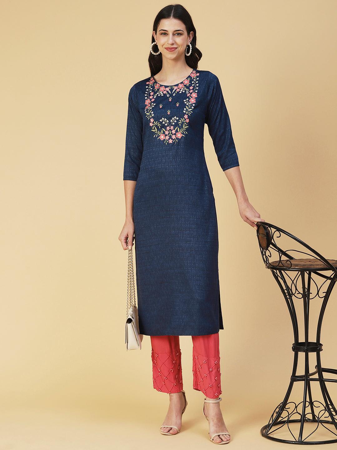 Solid Resham Embroidered Self Design Kurta - Blue - Indiakreations