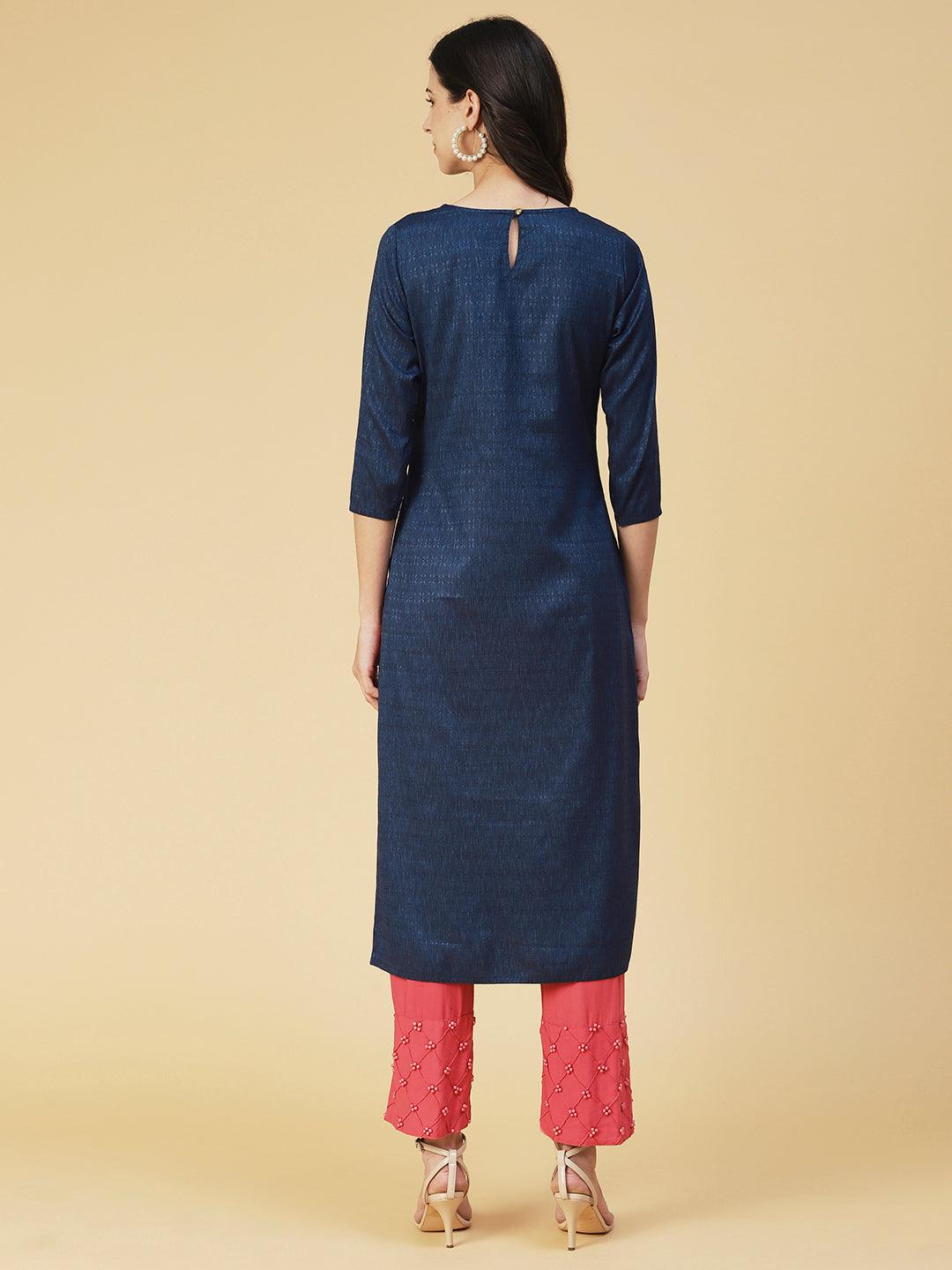 Solid Resham Embroidered Self Design Kurta - Blue - Indiakreations