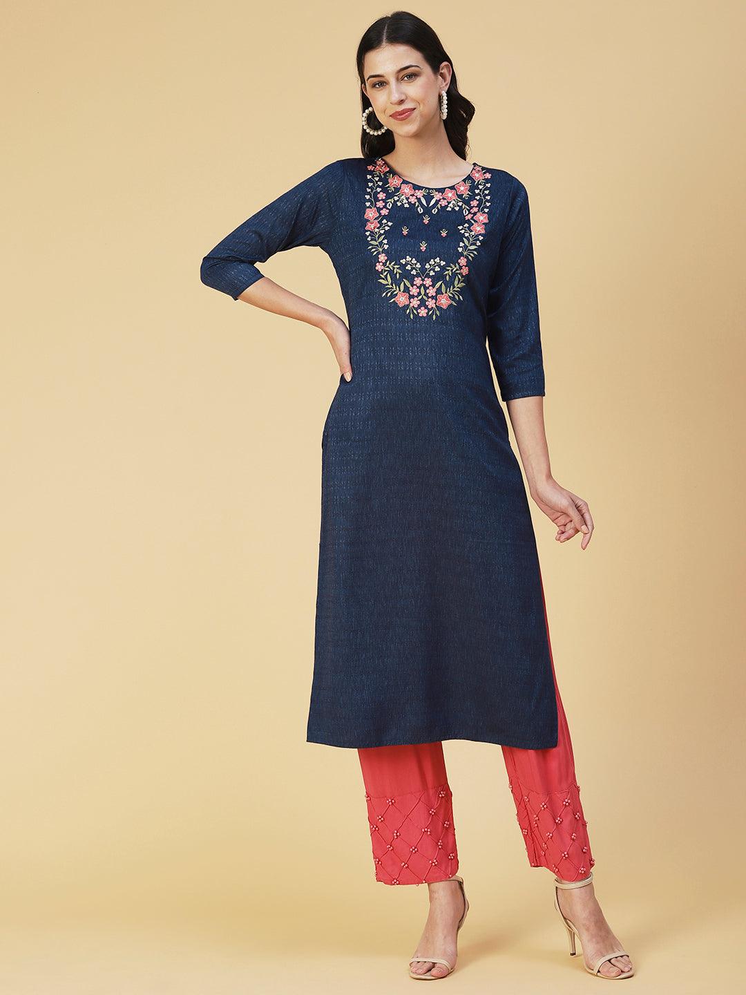 Solid Resham Embroidered Self Design Kurta - Blue - Indiakreations