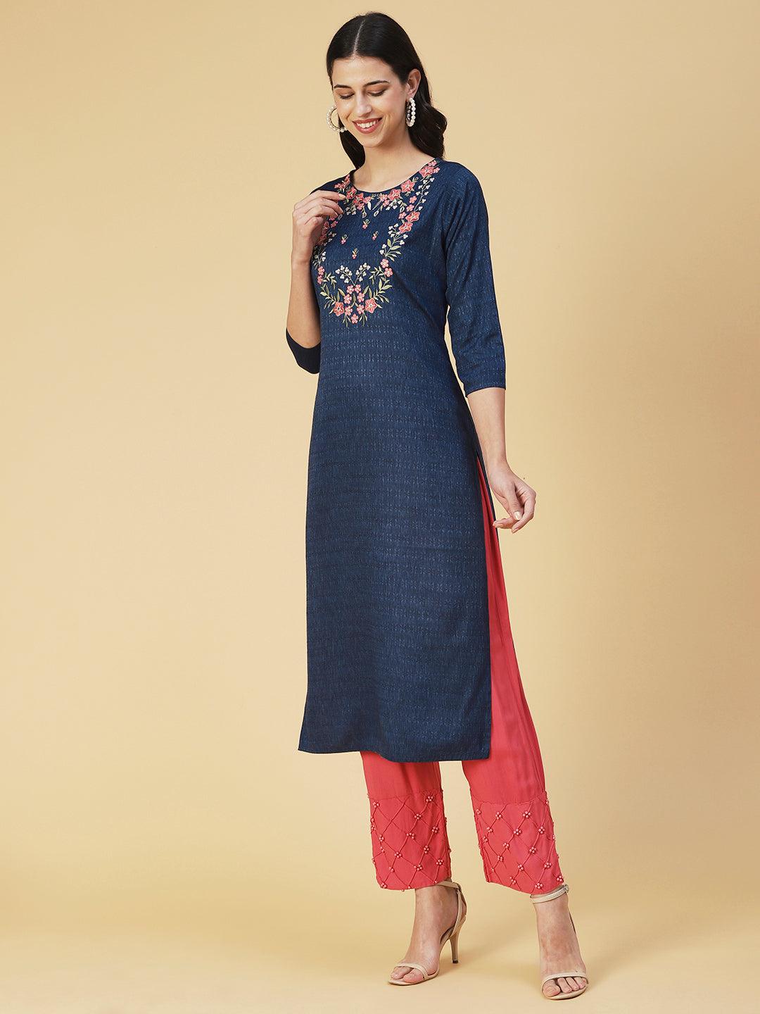 Solid Resham Embroidered Self Design Kurta - Blue - Indiakreations