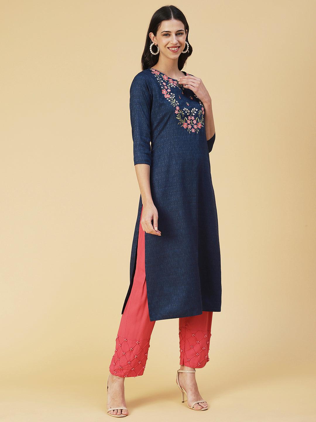 Solid Resham Embroidered Self Design Kurta - Blue - Indiakreations