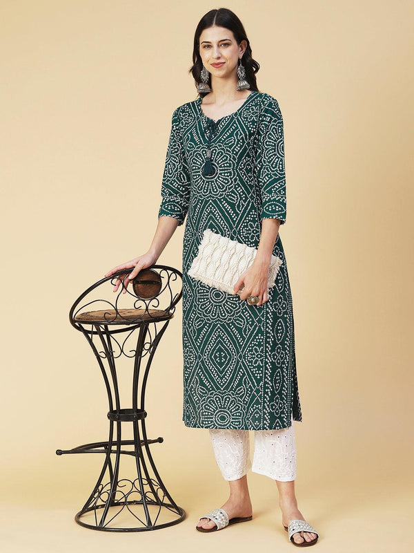 Bandhani Printed Beading Work Kurta - Green - Indiakreations