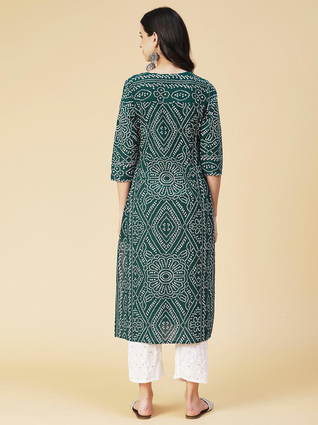 Bandhani Printed Beading Work Kurta - Green - Indiakreations