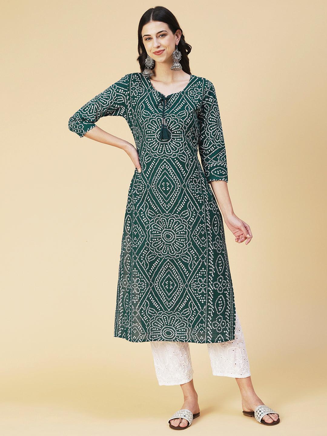 Bandhani Printed Beading Work Kurta - Green - Indiakreations