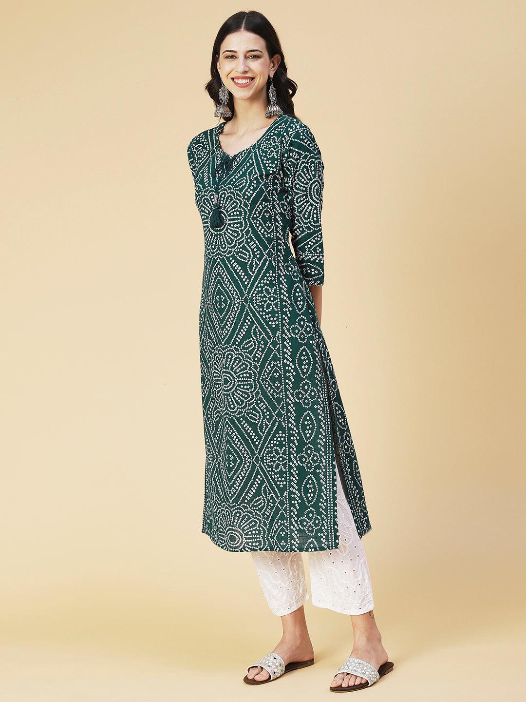 Bandhani Printed Beading Work Kurta - Green - Indiakreations