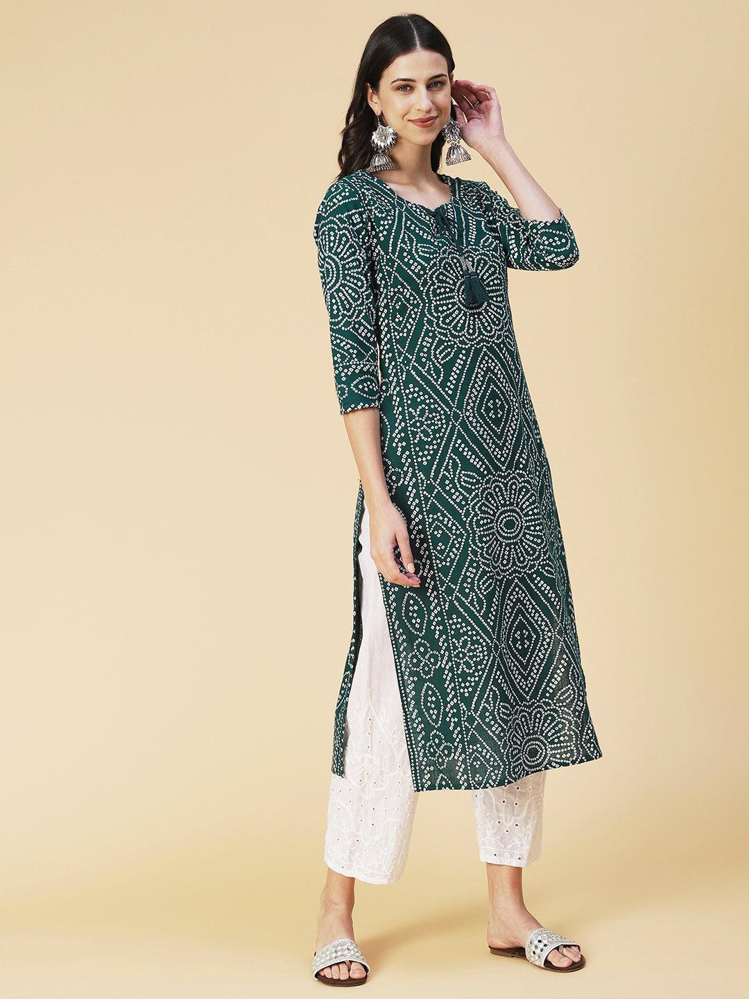 Bandhani Printed Beading Work Kurta - Green - Indiakreations