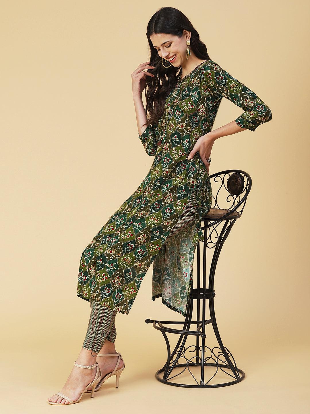 Ethnic Printed & Embroidered Kurta with Pant - Green - Indiakreations