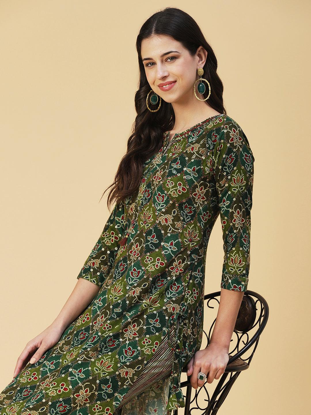 Ethnic Printed & Embroidered Kurta with Pant - Green - Indiakreations