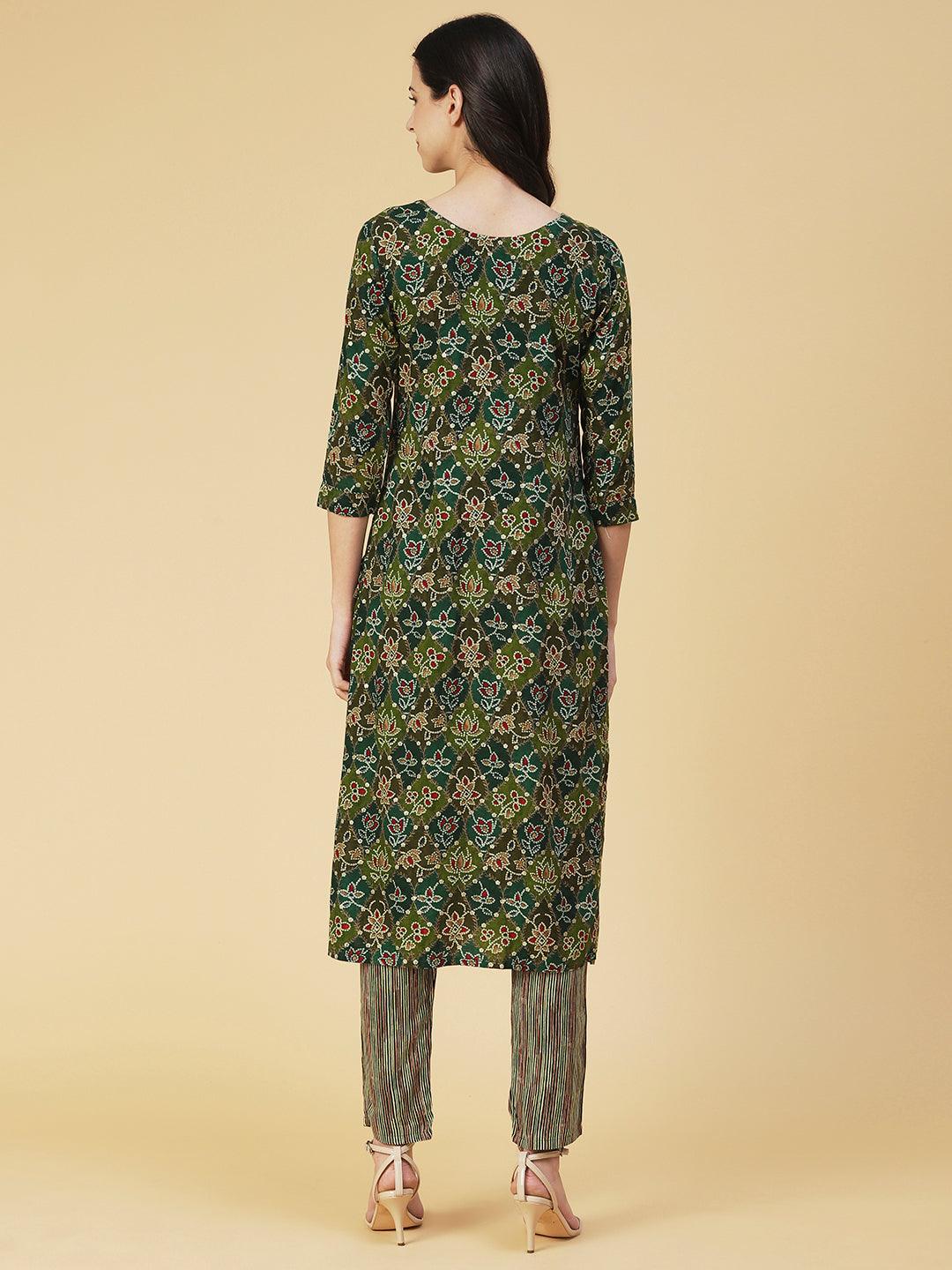 Ethnic Printed & Embroidered Kurta with Pant - Green - Indiakreations