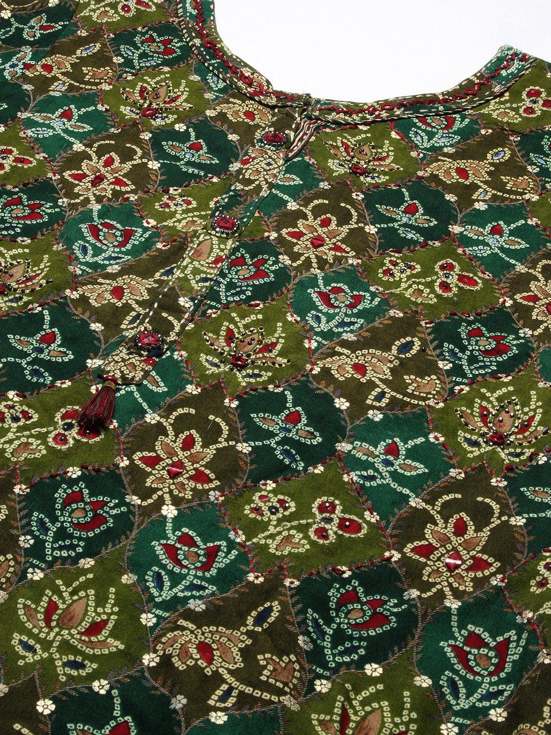 Ethnic Printed & Embroidered Kurta with Pant - Green - Indiakreations