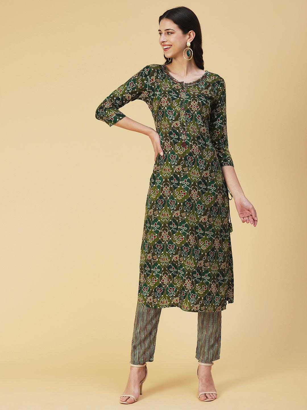 Ethnic Printed & Embroidered Kurta with Pant - Green - Indiakreations