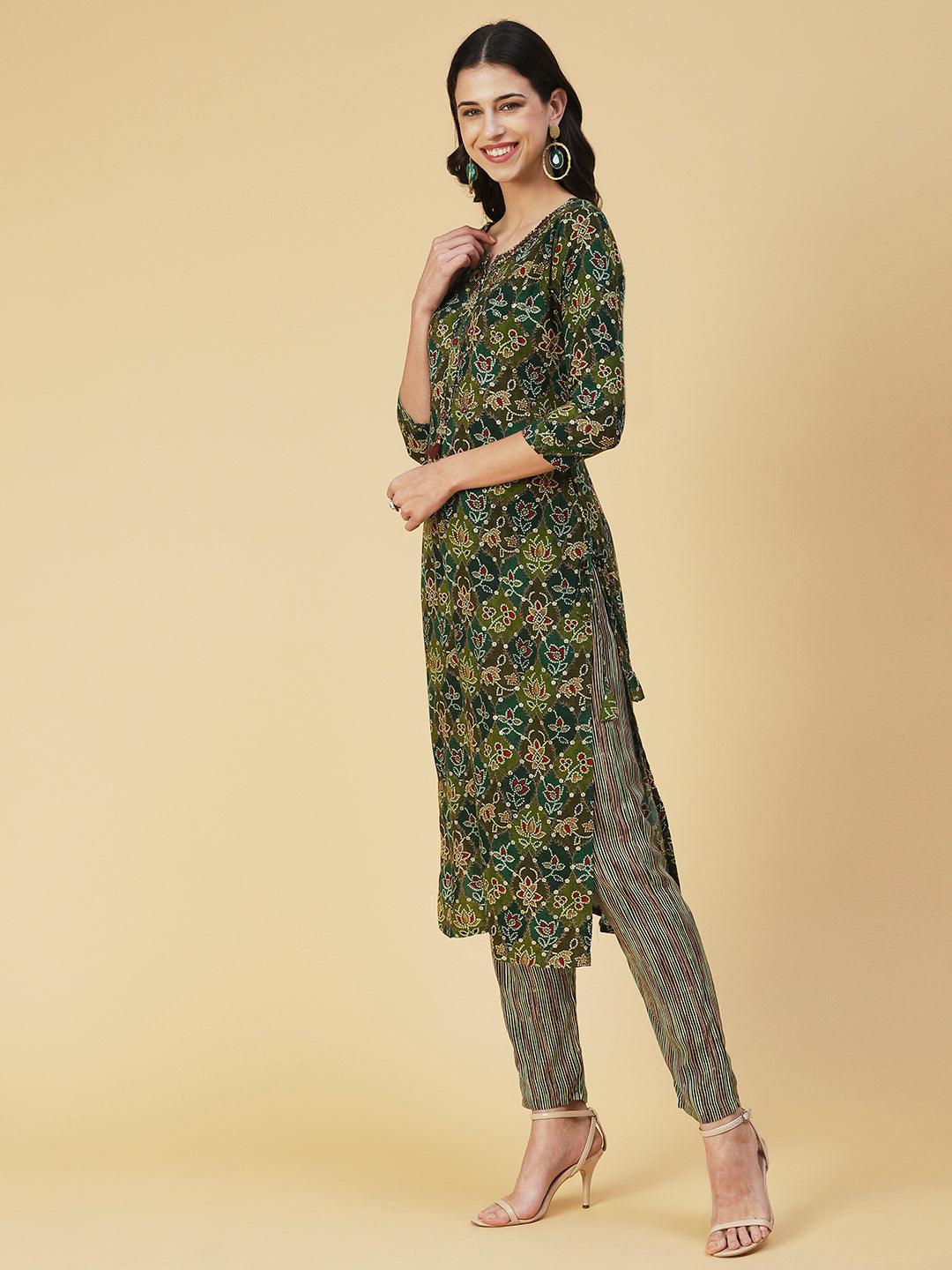 Ethnic Printed & Embroidered Kurta with Pant - Green - Indiakreations