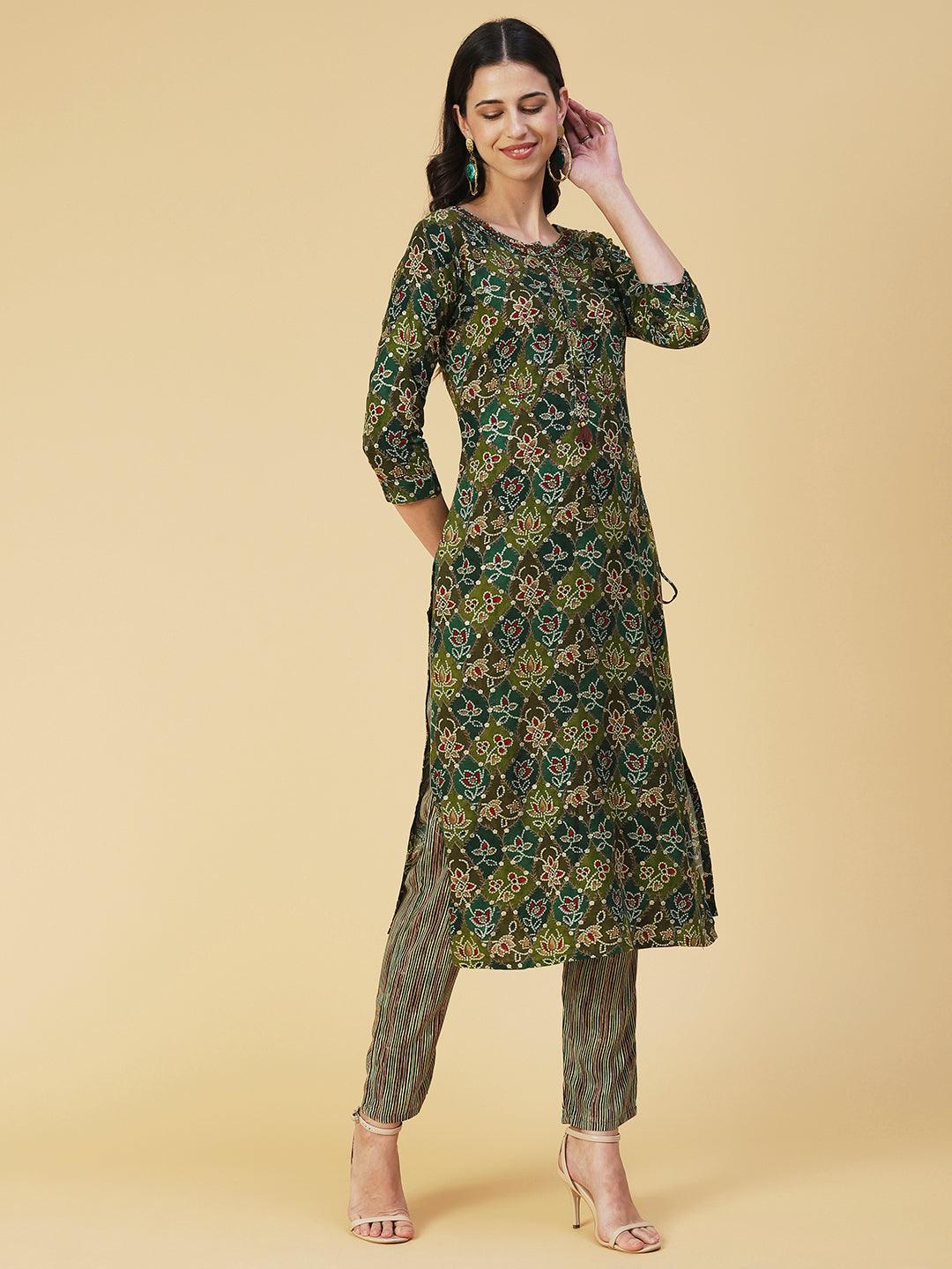 Ethnic Printed & Embroidered Kurta with Pant - Green - Indiakreations