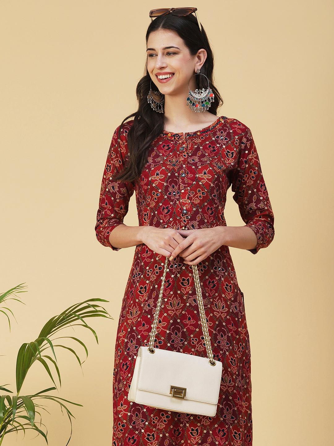 Ethnic Printed & Embroidered Straight Fit Kurta with Pant - Maroon - Indiakreations