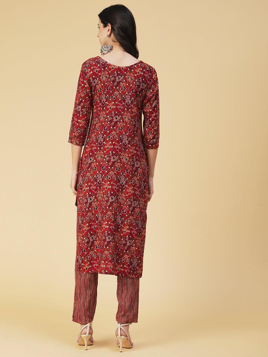 Ethnic Printed & Embroidered Straight Fit Kurta with Pant - Maroon - Indiakreations