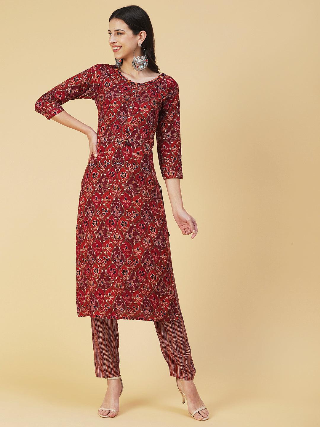 Ethnic Printed & Embroidered Straight Fit Kurta with Pant - Maroon - Indiakreations