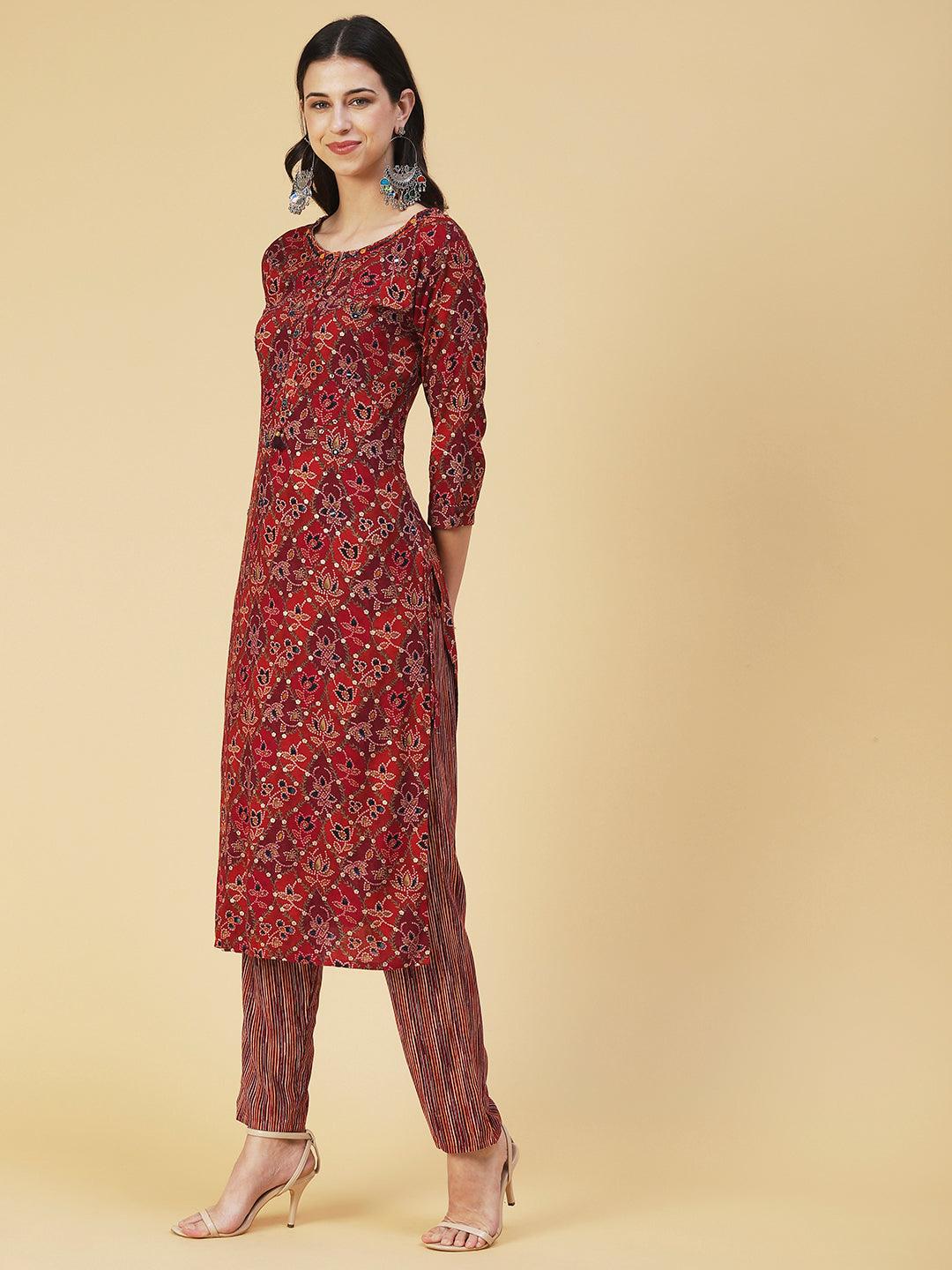 Ethnic Printed & Embroidered Straight Fit Kurta with Pant - Maroon - Indiakreations