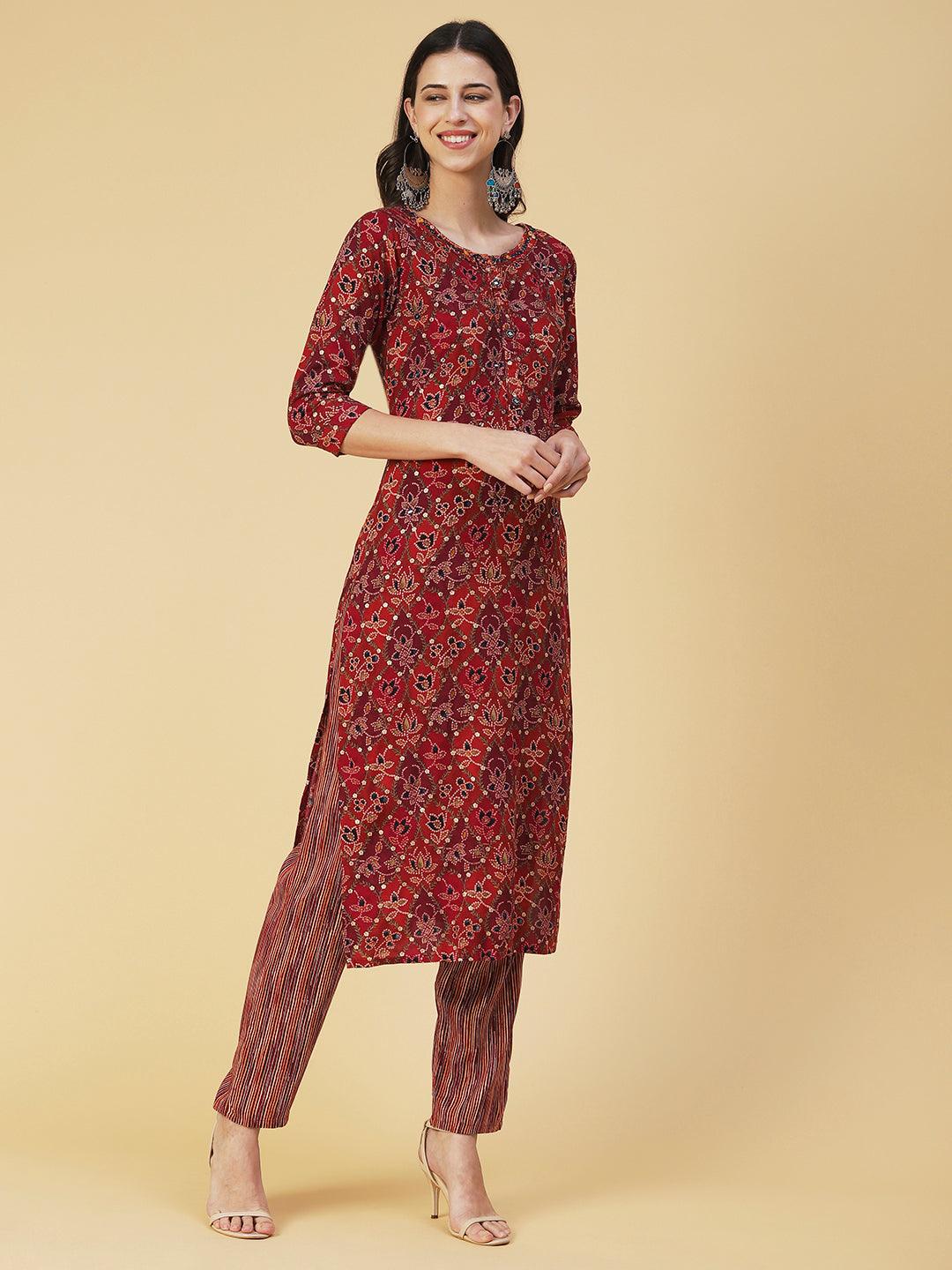 Ethnic Printed & Embroidered Straight Fit Kurta with Pant - Maroon - Indiakreations