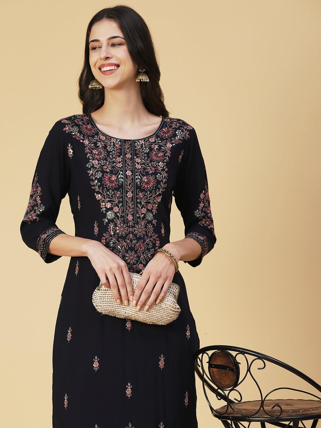 Solid Resham & Sequins Embroidered Kurta With Pants - Black - Indiakreations